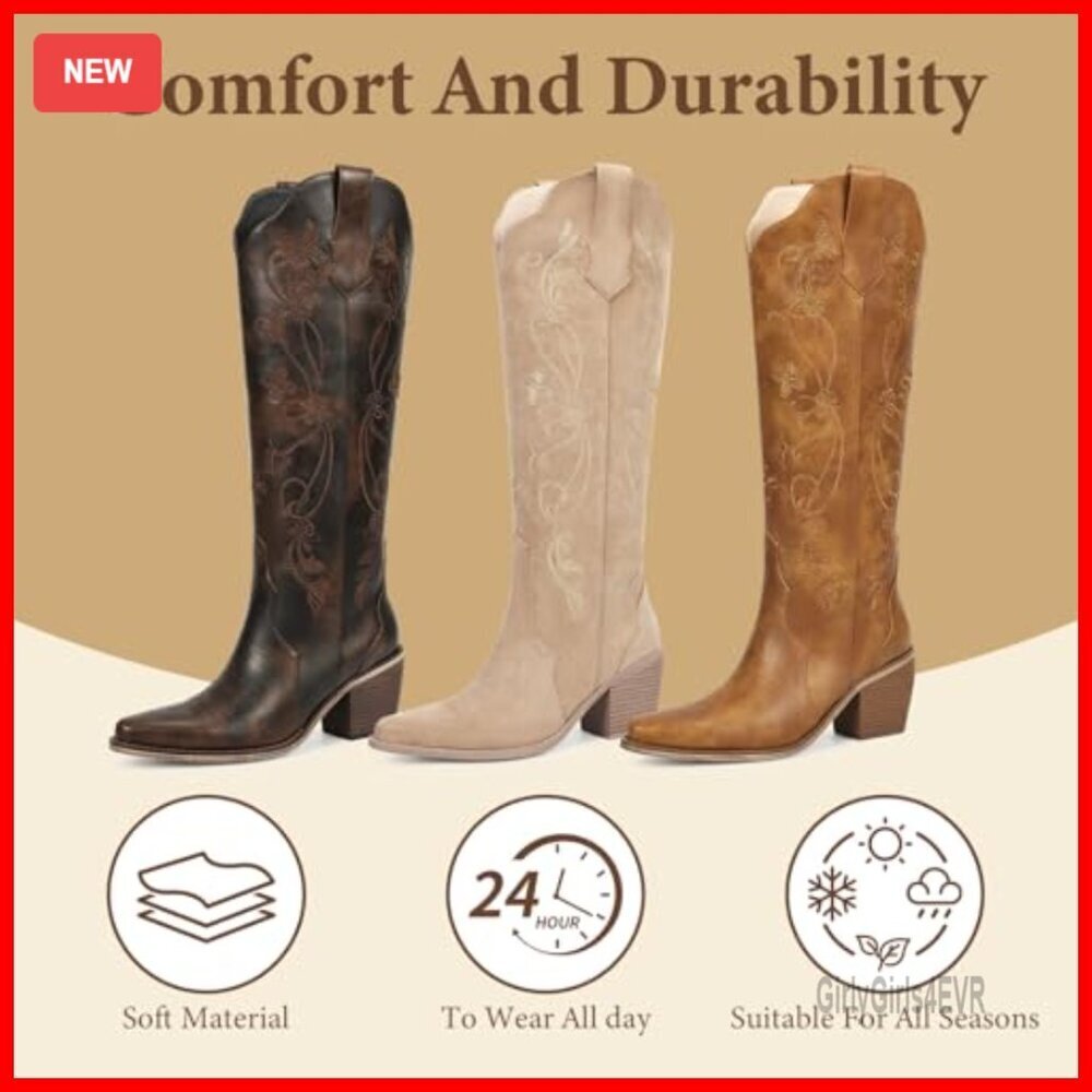 Knee High Western Boots Floral Embroidery Pointed Toe Block Heel Pull On - Picture 5 of 7